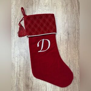 Burgundy Velvet Christmas Stocking with silver D initial with decorative Tassel